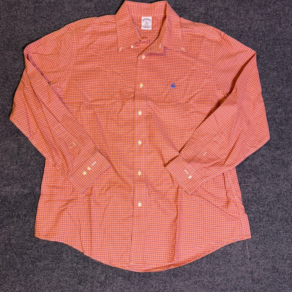 Brooks Brothers 1818 Regent Mens XL Orange Blue Check Non-Iron Supima Shirt